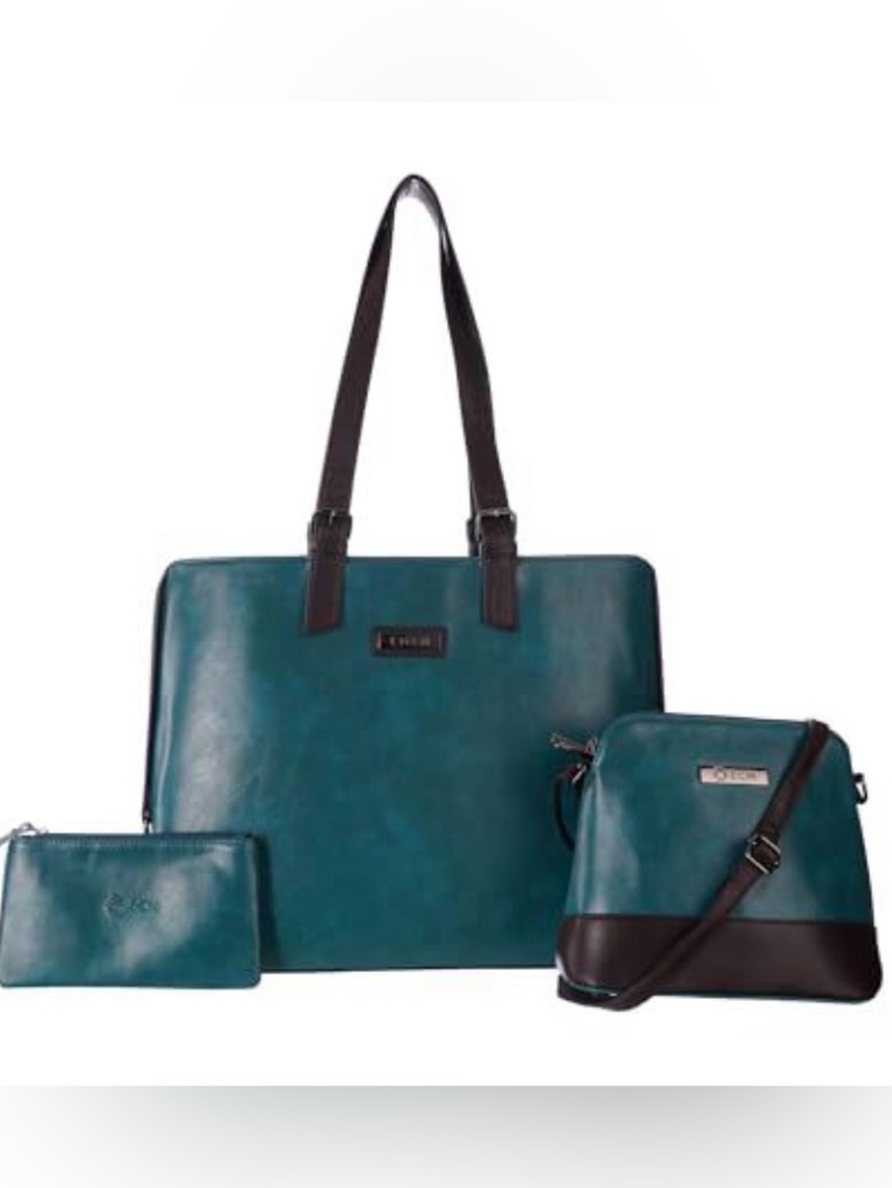 Three-Piece Teal Tote, Crossbody & Pouch Set with Dark Brown Accents
